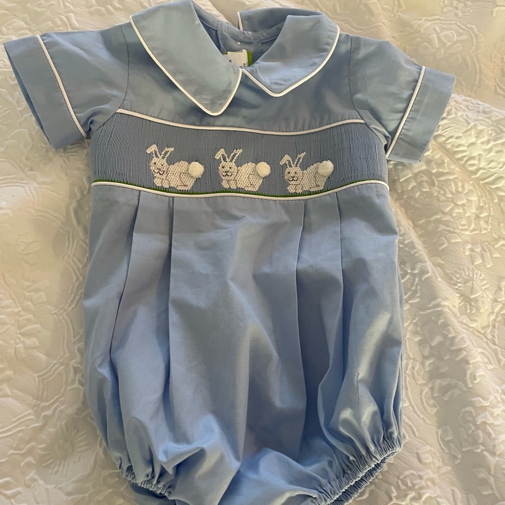 Blue and White Bodysuit with Peter Pan Collar and Embroidery